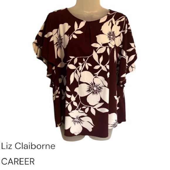 Liz Claiborne Tops - Liz Claiborne Career  OFFICE  Women's Top - Maroon and White Floral   XL   #4